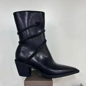 BUSY GIRL QD24 Rhinestone Snake-shaped Wrap-around Square Heel Women Short Boots Sexy Mid-heel Skinny Boots for Women