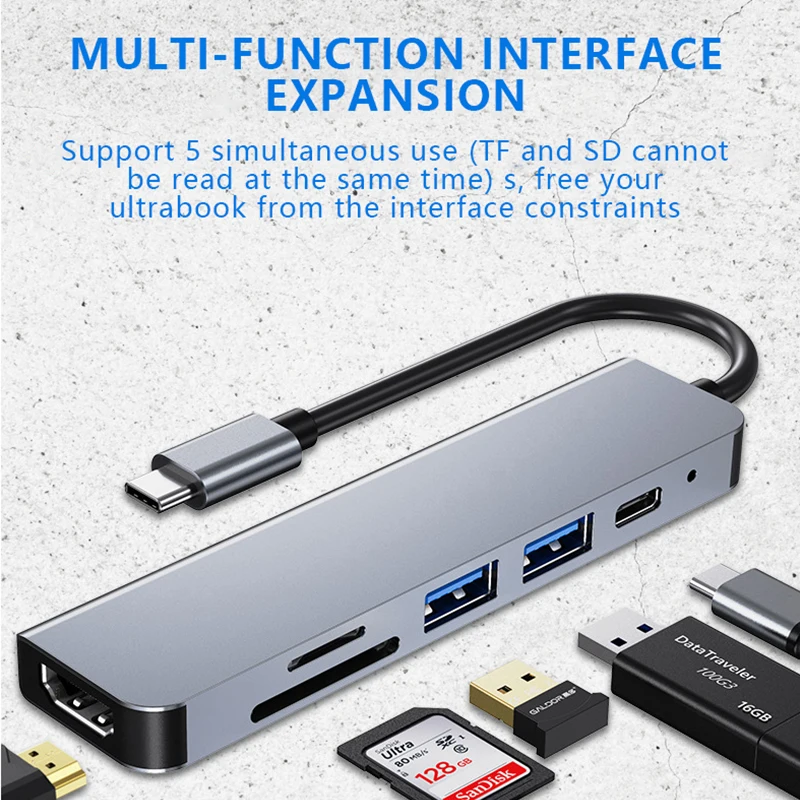 6 in 1 Port Type C Docking Station to USB Hub Secure Digital Card TF SD Card Concentrator HDTV Converter Expansion Dock