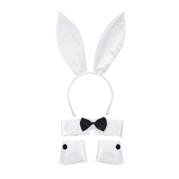 Bunny Cosplay Set Rabbit Costume Accessories Bunny Ears Headband Collar Bow Tie Rabbit Tail for Halloween and Easter Party