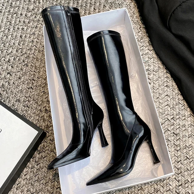 Custom wholesale women's shoes fashion sexy thigh high boots winter pointy stiletto heels patent leather knee-high boots