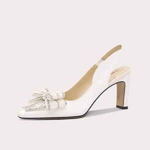 Lily Wei High End Women's Slingback Block Heel Pumps White Fabric Shoe Upper with Pearl Bow for Formal Occasions