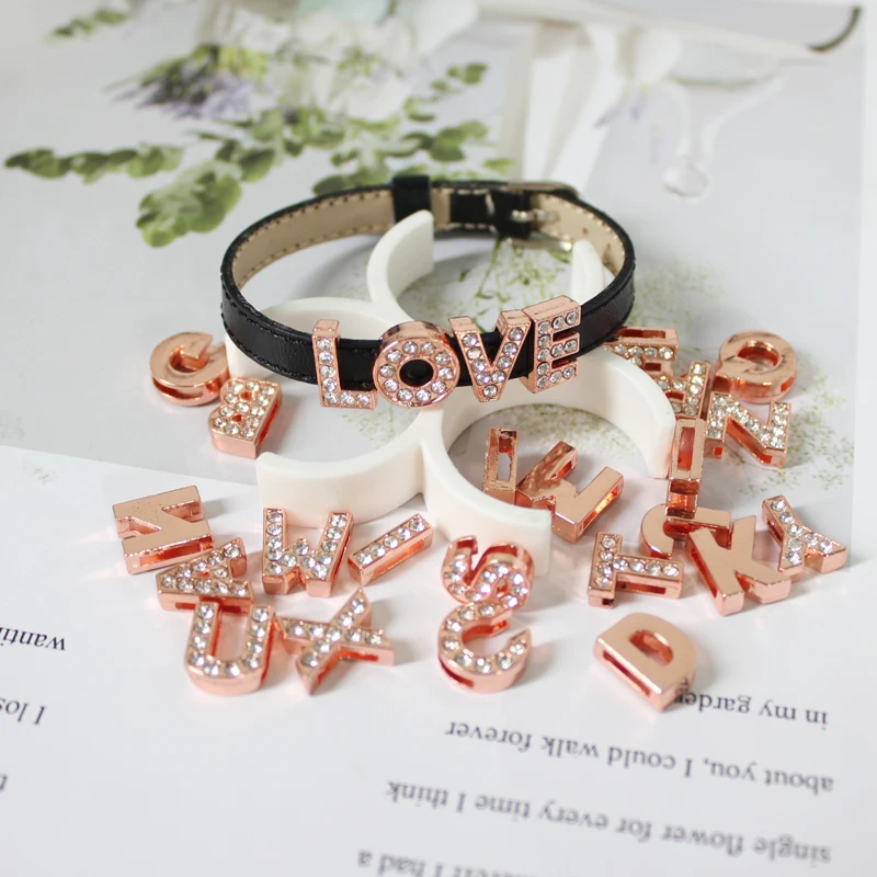 Rose Gold 8mm Slide Charms Letters for Jewelry Making Women Bracelet Alphabet A-Z Pet Collar Necklace DIY Accessories Gift