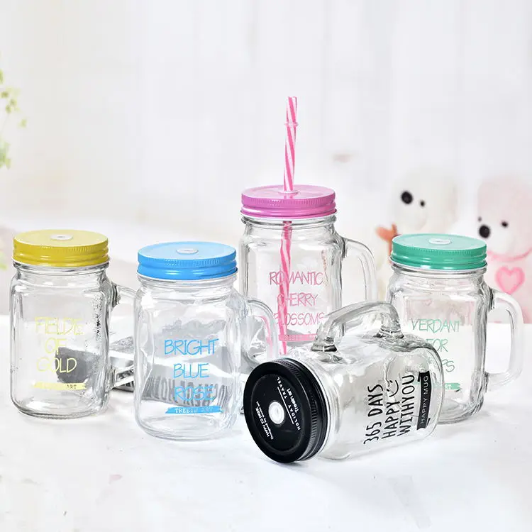 Clear Water Coffee Jars Cups Beverage Drinking Mugs Juice Bottle 8 oz 16 oz  Glass Mason Jars with Handle and Straw Lid Wholesale