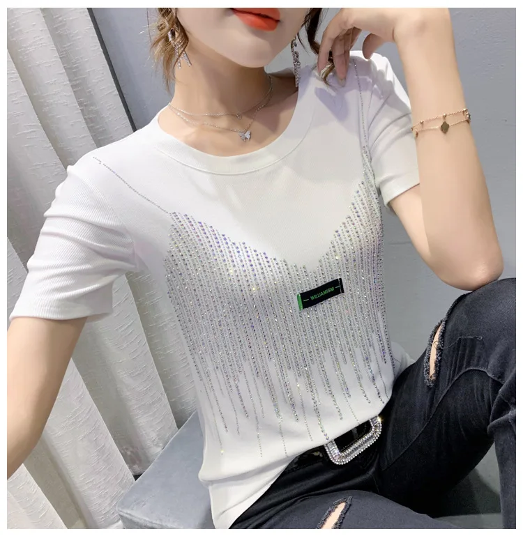 Fashion Rhinestone T Shirt Short Sleeve Women's 2021 Summer Crew Neck ...