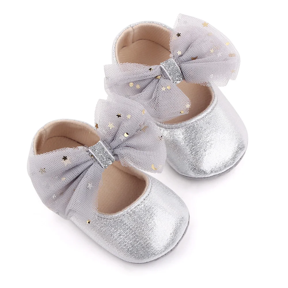 Mesh Big Bow Star Embellished Solid Color Sparkly Bright Baby Girls Princess Walking Shoes details