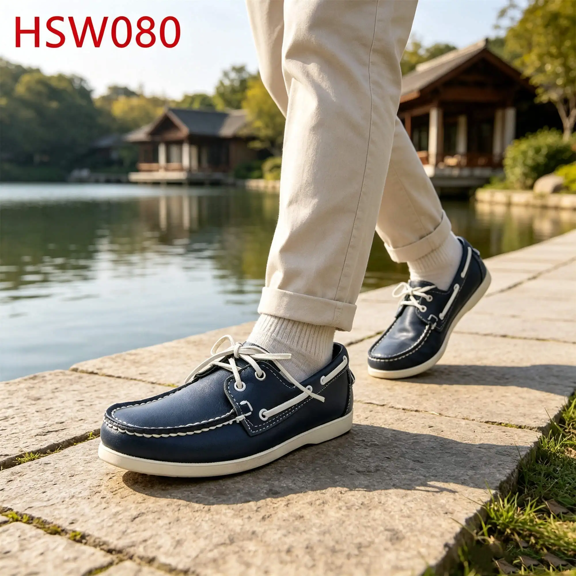 ZYF,Daily Leisure Lace up Style Non-chafing Blue Hua Singh Boat Shoes Block Wandering Full Grain Leather Penny Shoes HSW080