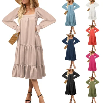 Europe and the United States foreign trade women's casual loose layered pleated long sleeve beach swing dress