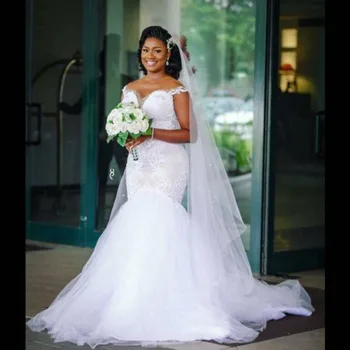 FA186 Vintage African Mermaid Wedding Dresses 2022 Off the Shoulder Plus Size Lace Sweep Train Wedding Bride Dresses