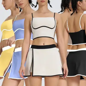 New Fitness Sports Clothing Sets Color Blocking Yoga Tank Top Bra 2 in 1 Skirts Suit Golf Tennis Skirt 3 Piece Set Women