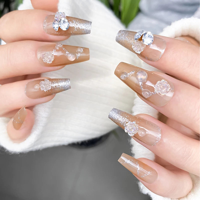 Новое поступление, Роскошные Длинные акриловые накладные ногти в форме балерины со стразами 3d, искусственные ногти