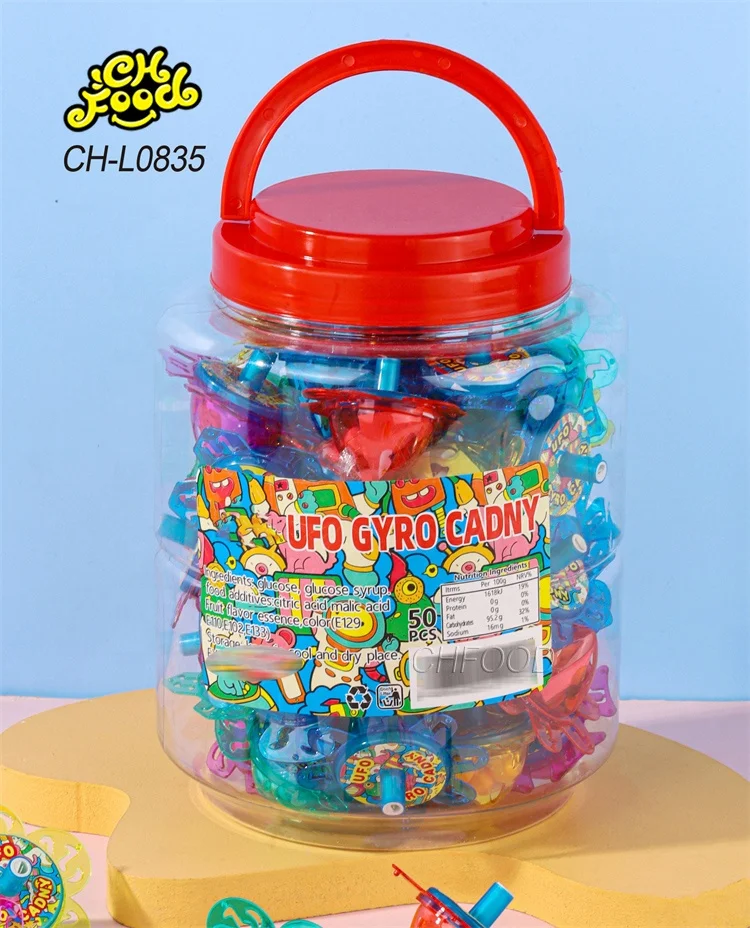 Wholesale Halal Plastic UFO Gyro Candy Toy Spinning Top Toy with Lollipop Candy Sweets for Kids