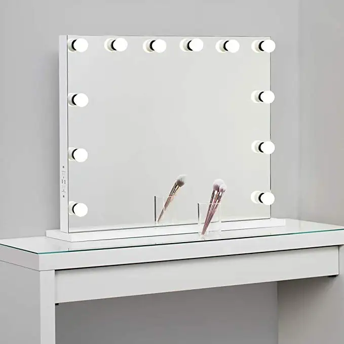 12 диммируемых лампочек, USB-порт, гнездо, Безрамное голливудское косметическое зеркало с подсветкой