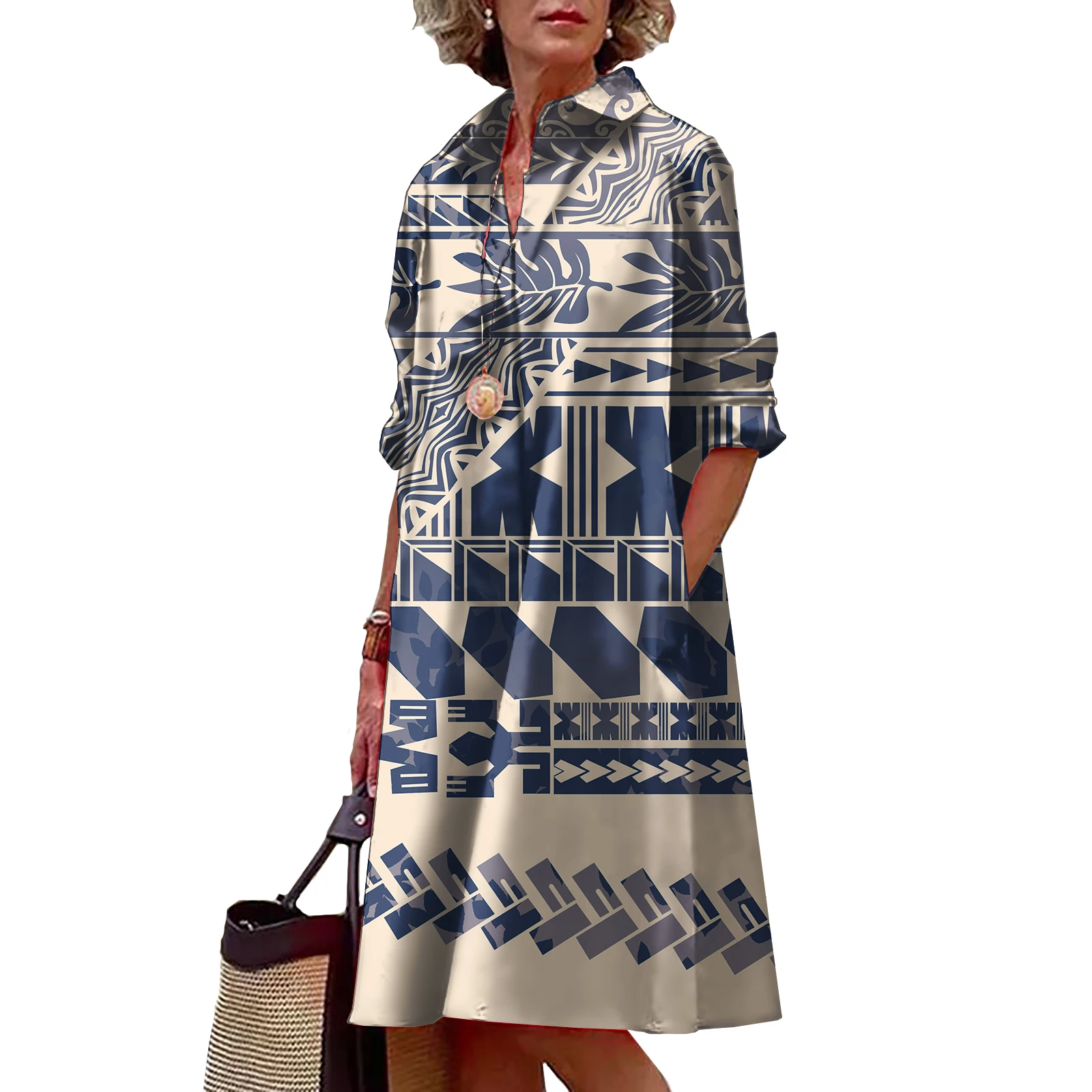 chinese dress ladies Malampa Fiji Day Family Matching Off Shoulder Long Sleeve Dress and Hawaiian  Shirt Vanuatu Sand Drawing main image 1