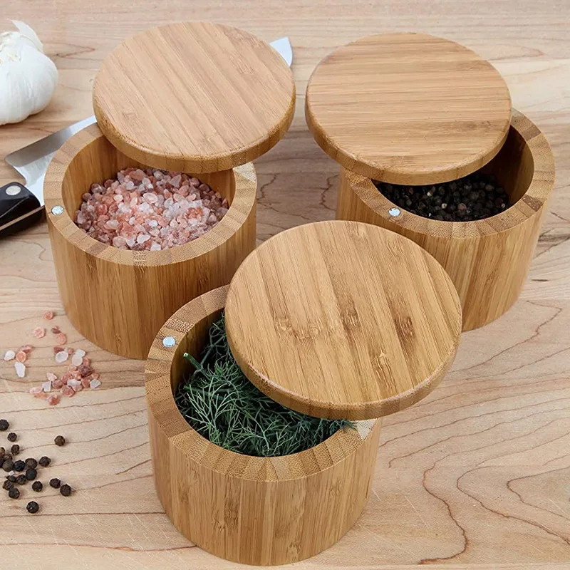 Puselife Kitchen Wooden Salt Pepper Spice Jar Container Bamboo Salt Box