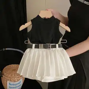 Summer Girls Clothing Sets Korean Style Casual Solid Pattern Sweet Pleated Skirt Pants with Sleeveless Vest Clothes for Kids