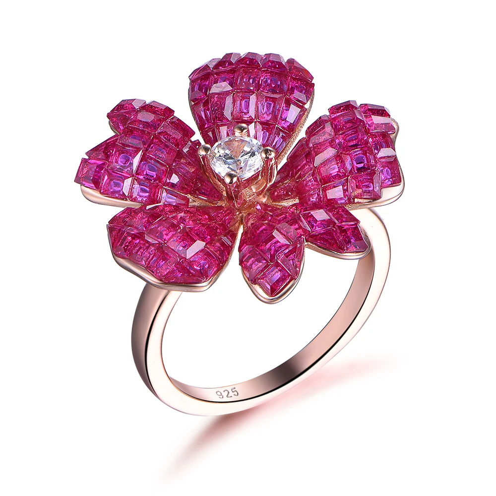 Unique Design Invisible Inlaid Ruby Diamond Crystal Flower Charm Sterling Silver Ring