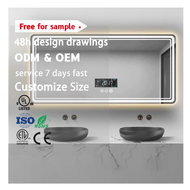 12V 5A Hig-tech Time Display bluetooth Screen Smart Touch Led Lighted Vanity Bath Defogging Rectangle Washroom Led Mirror