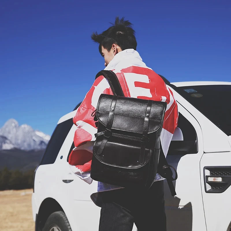 16.5-Inch Fashion PU Leather Laptop Backpack Men Retro Schoolbag Large Capacity Books Waterproof Mochilas Patchwork Teenagers