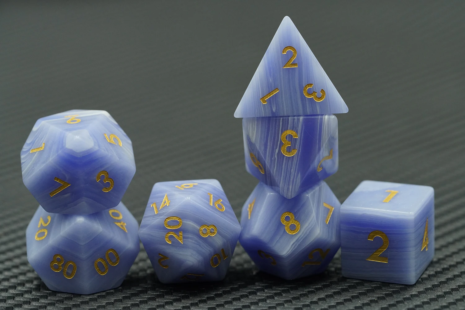 Yushun Handmade Blue Stripe 7pcs RPG Dungeons and Dragons Set Custom Logo Polyhedral Logo Gemstone Dice for DND Games details