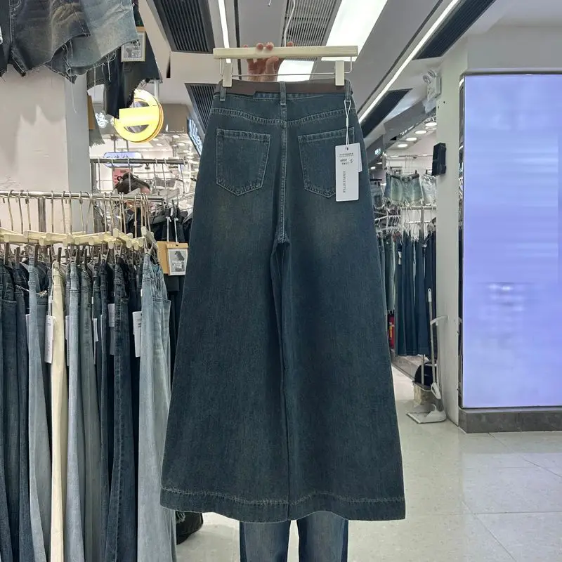 Blå vintage-jeans med utvidet ben, høy midje, løst sitte, for kvinner, raskt tørkende sandvasket jeans til høsten, langs til gulvet