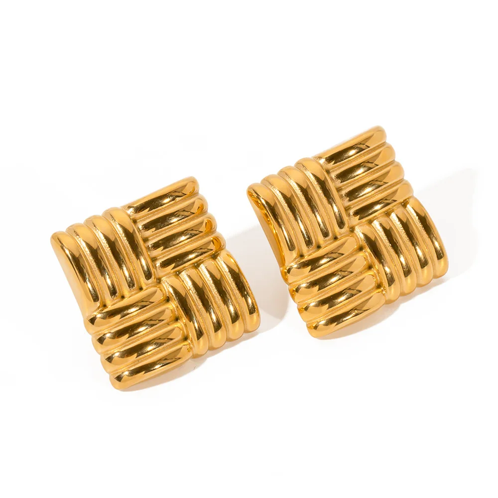 Wholesale 18K Gold square Woven Earrings Minimalist Jewelry Gold Plated  Stud Earrings Big square Gold bar Earring