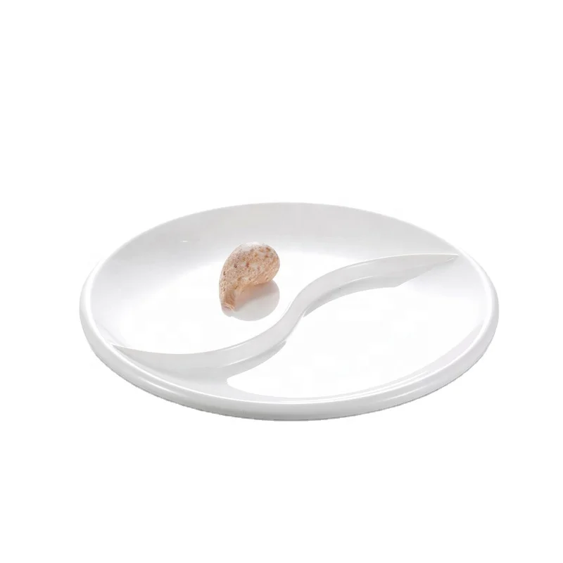 Unbreakable Restaurant Dinnerware White Round Melamine 2 Sections Compartment Portion Plate