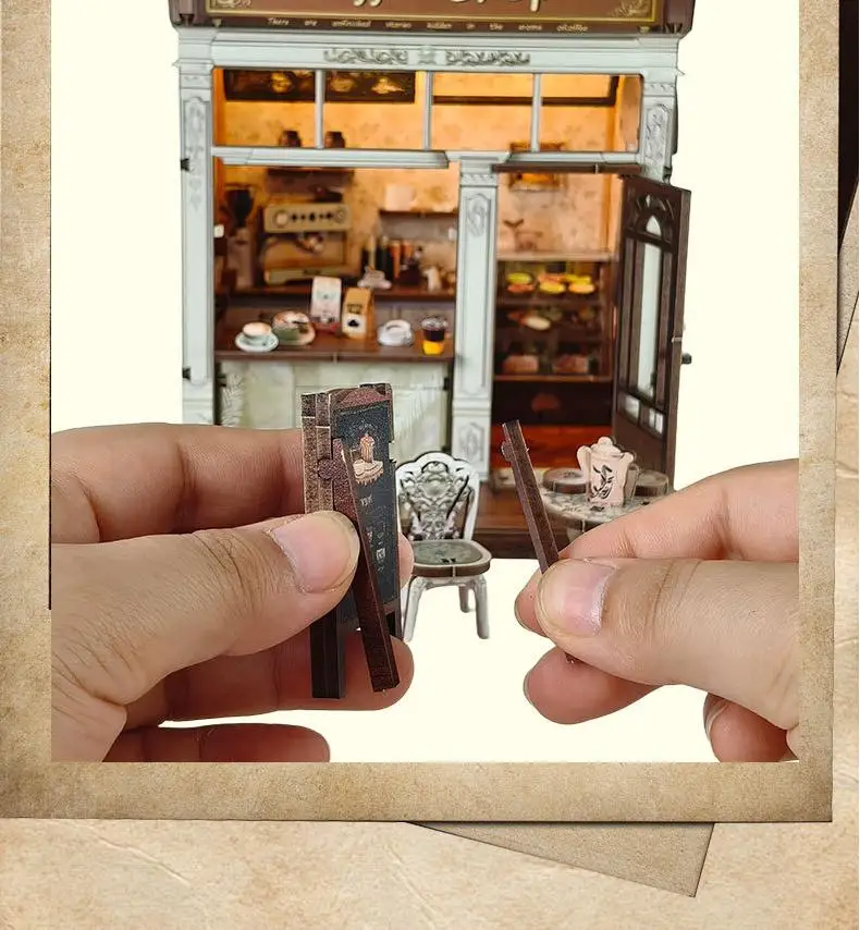 product coffee house doll houses 3d wooden puzzle ce certified eco friendly miniature architecture book nook-4