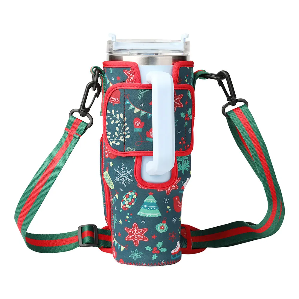 Christmas Blue Green Travel Sleeve Pouch Bag For Stanley Cup 40Oz With Handle Tumbler Water Bottle Thermal Case Adjustable Strap