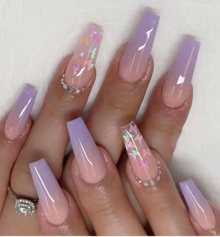 2023 Spring Nails | Luxury Ombre Pink To Purple Rhinestones Diamonds P –  3Rdpartypeople