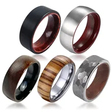 Luxury Fashion rings Custom 8mm wooden inlay Hammered Tungsten Ring For man Engagement Wedding Band