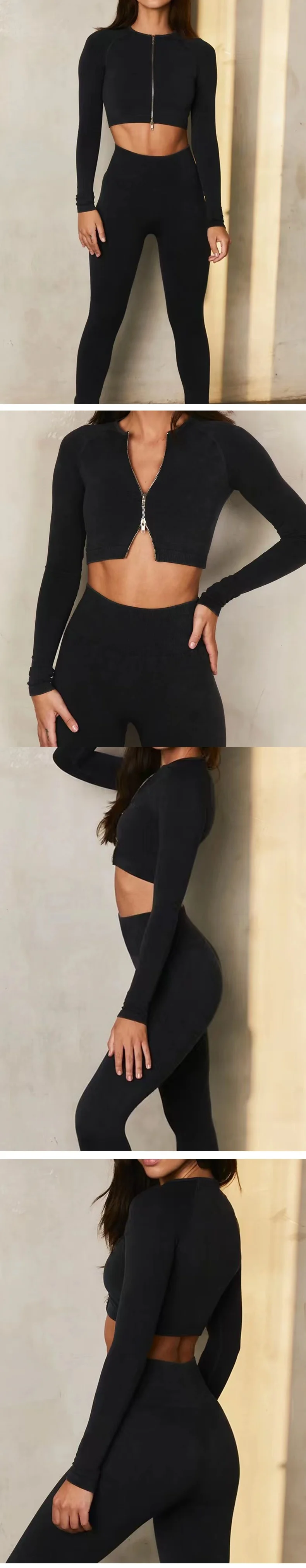 Women's Double Zipper Long Sleeve Yoga Wear High Waist Hip Lift Pants Two-piece Seamless Sports High Stretch Yoga Fitness Suit factory