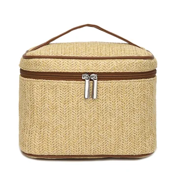 New Arrival Custom Logo Eco-friendly Large Capacity PU Leather Straw Cosmetic Bucket for Travel Beach