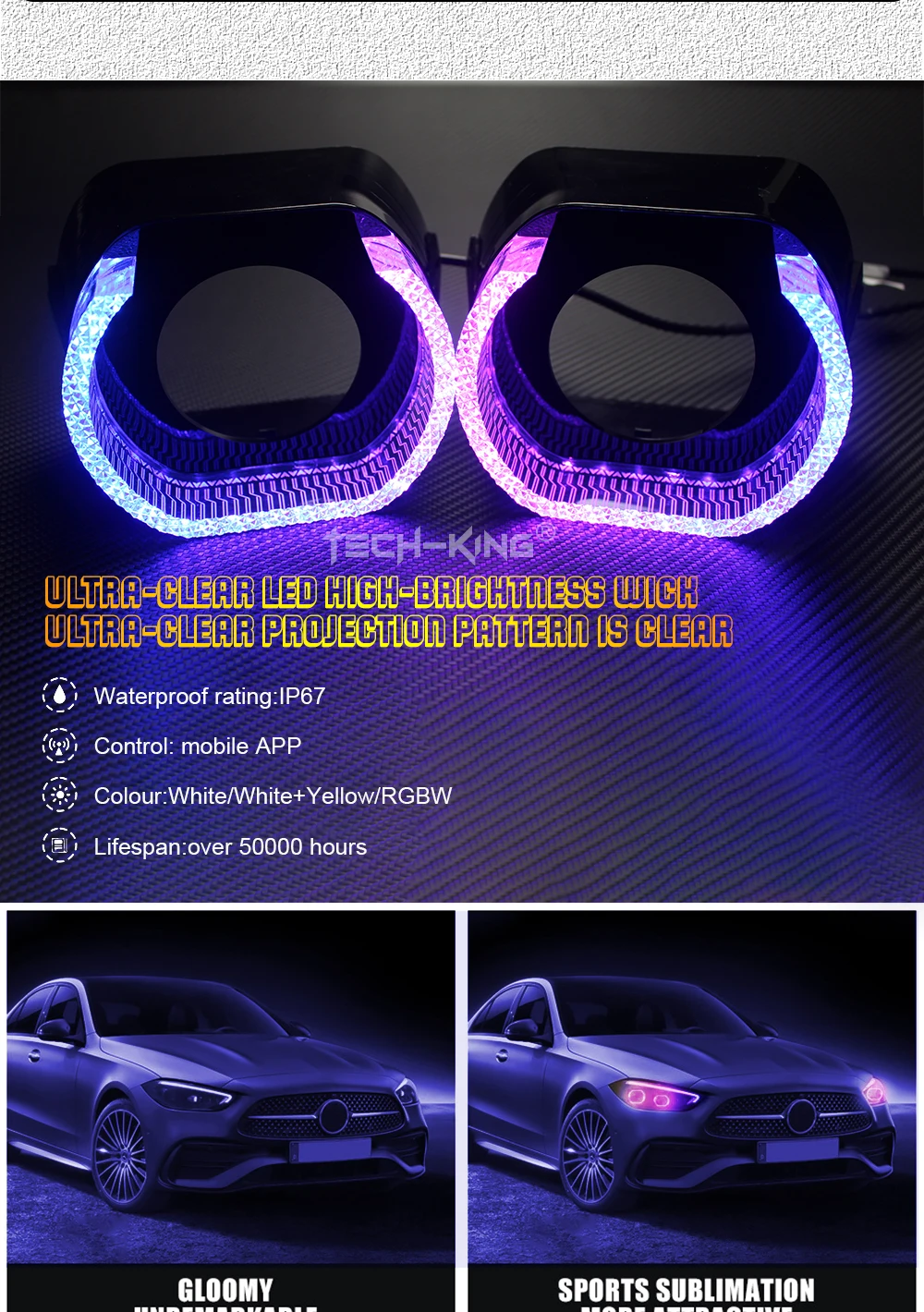 TECH-KING Hot Sale 5D LED 2.5/3.0inch Angel Eyes RGB App Control Decorative Auto Accessory with Angel Eye Daytime Running Lights