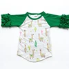 Green Llama Cactus Print Raglan 3/4 Sleeve Ruffle Kids T-shirt