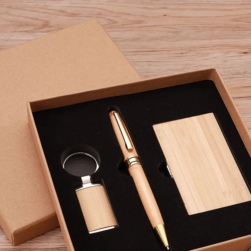 Bamboo Wood  Cover Notebooks Customized Logo Gift Set Planner Pen Keychain Card Holder