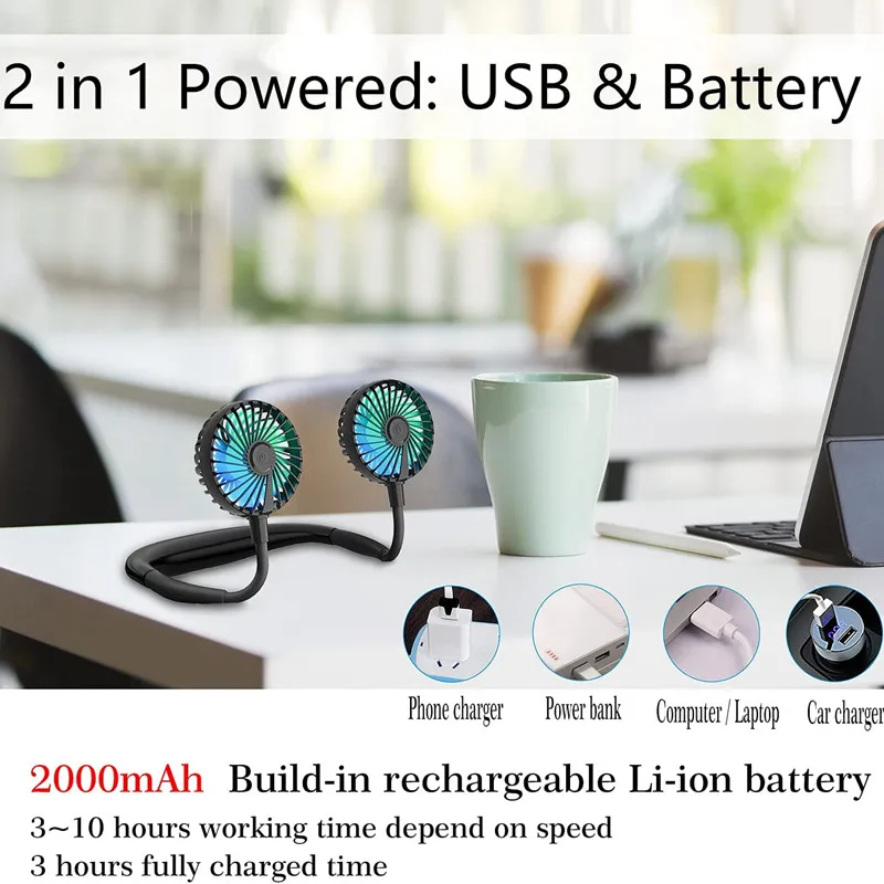 Оптовая продажа перезаряжаемый персональный мини-вентилятор USB с поворотом на 360 градусов портативный шейный вентилятор 7 светодиодными