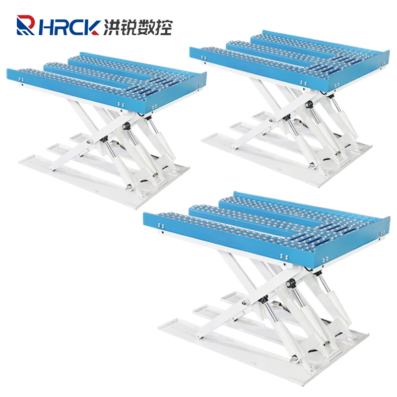 Woodworking hydraulic scissor type lifting table with roller conveyor used as feeder for panel saw and door cutting machine