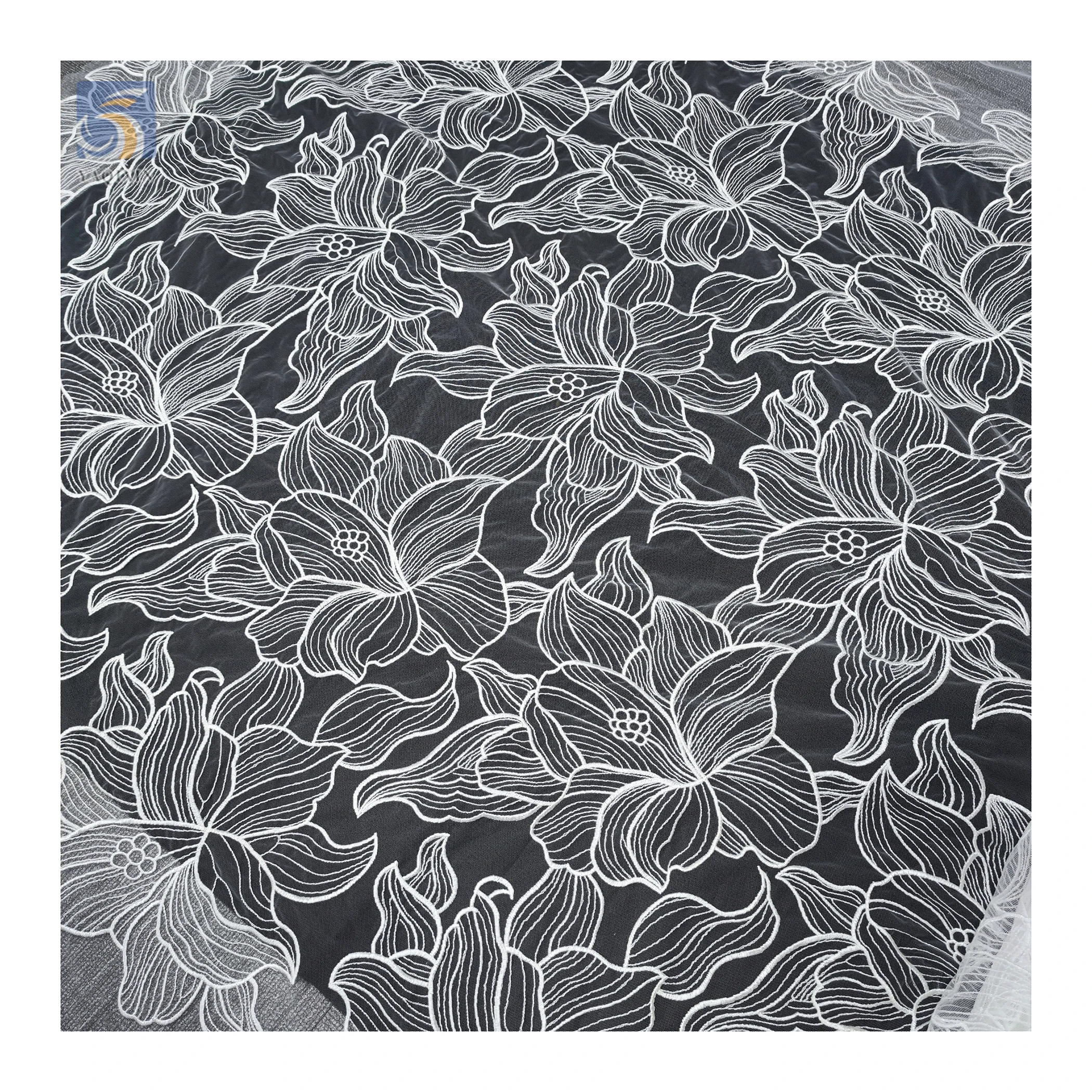 YX2736 Full Custom Lotus Pattern Design 2025 Pure White 100 Polyester Milk Silk Embroidery Mesh Tulle Fabric