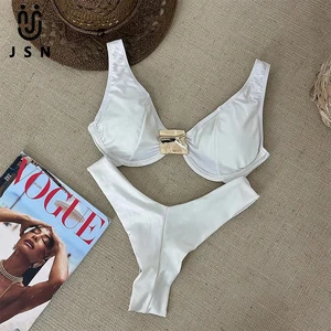 JSN 2026 New Custom Swimsuit Women's Fashion Low Waist Solid Color Sexy Two Piece Bikini Set Split Push up Swimsuit for Women