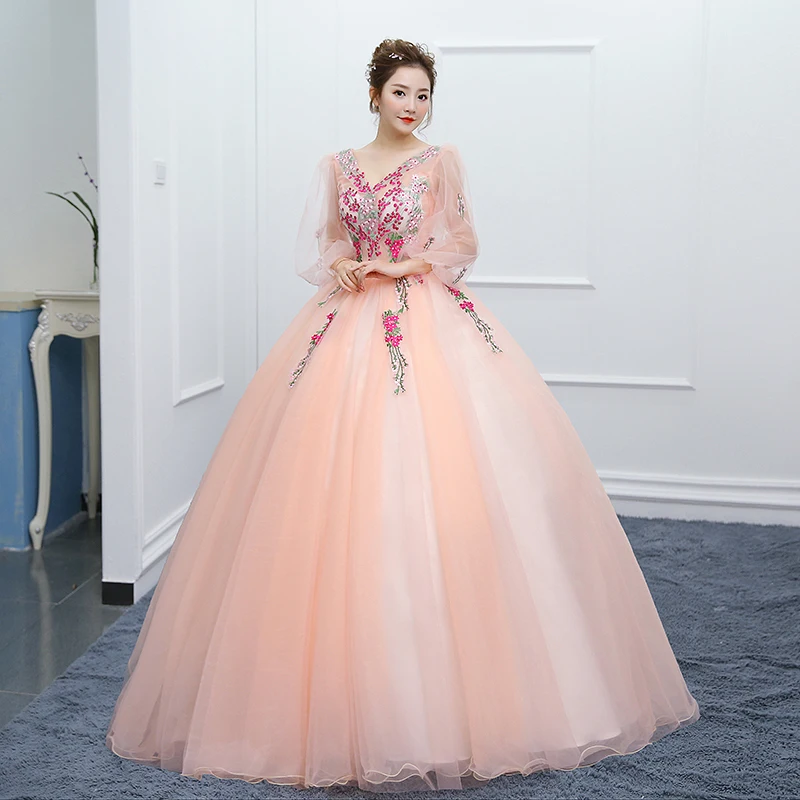 Feishiluo Full Sleeves Pink 3D Flower Lace Ball Gowns