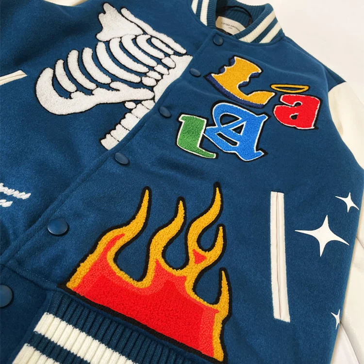 Men's Thicken Varsity Button Pocket Letterman Chenille Embroidered Baseball College Jacket_voghion.com