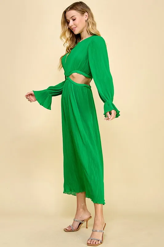 A Long Dress For Women With A Round Neckline, Pleated At The Waist, And Featuring Cutouts. - Image 2