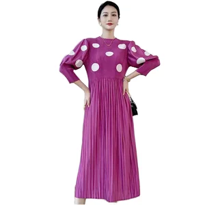 Customize Elegant Plus Size Floor-Length Dresses New Miyake Pleated Fall 3/4 Sleeve Polka Dots Tie Loose Vintage Swing Dress