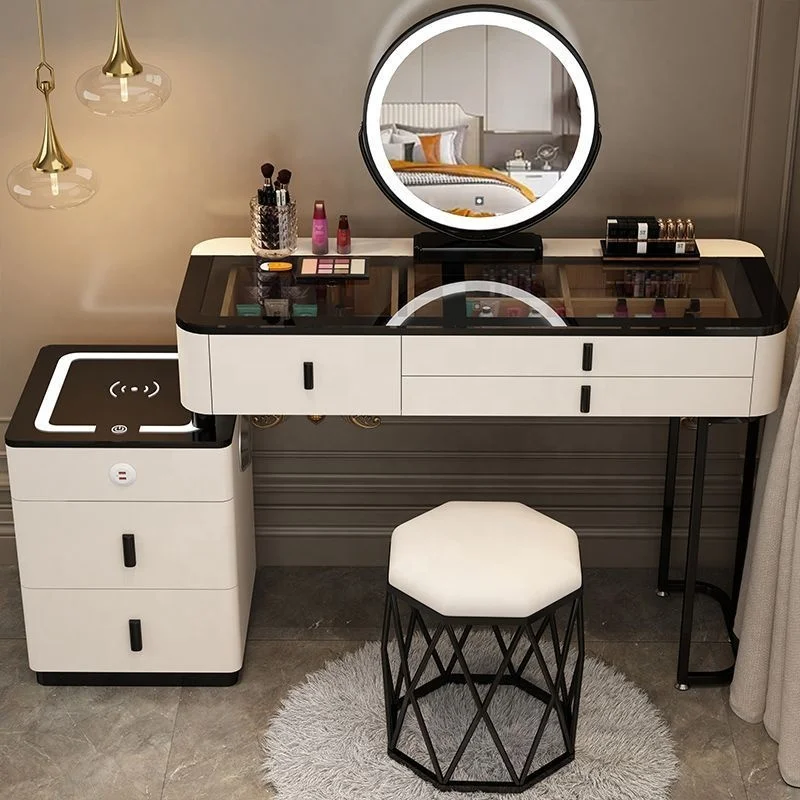 Modern Bedroom Wood Panel Lighted Mirrored Makeup Vanity Dressing Table Set