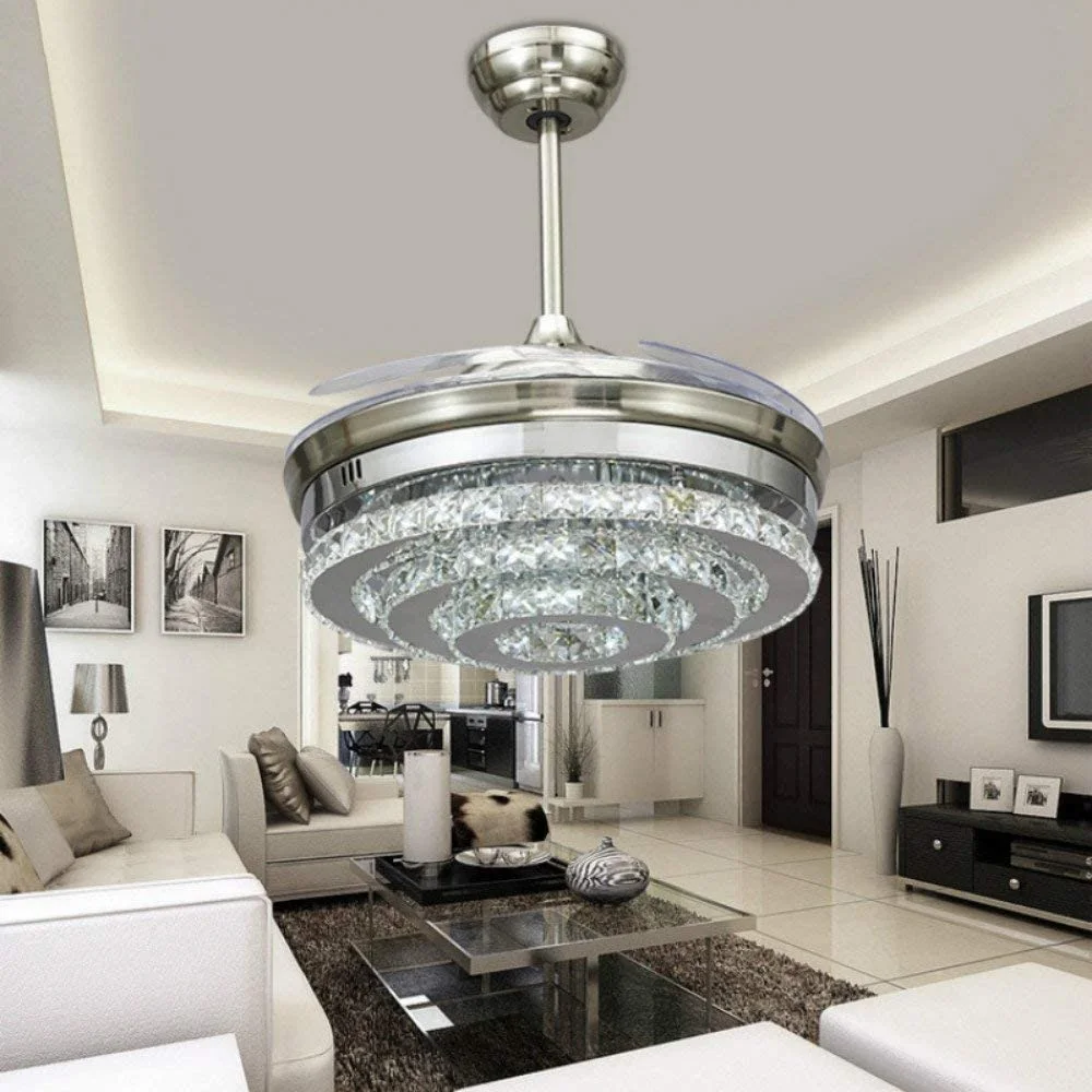 Details about   Luxury Crystal Chandelier 42" Invisible Ceiling Fan Light W/ 3-Color LED Remote 