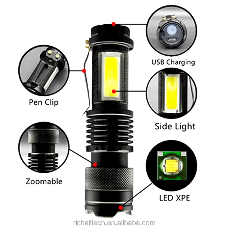 Mini lampe de poche rechargeable USB avec zoom étanche