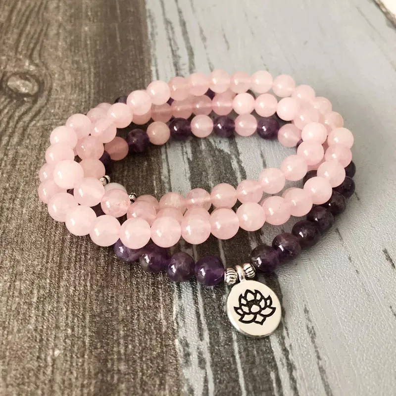 108 Mala Necklace Bracelet For Women Rose Quartz Amethyst Yogo Bracelet ...