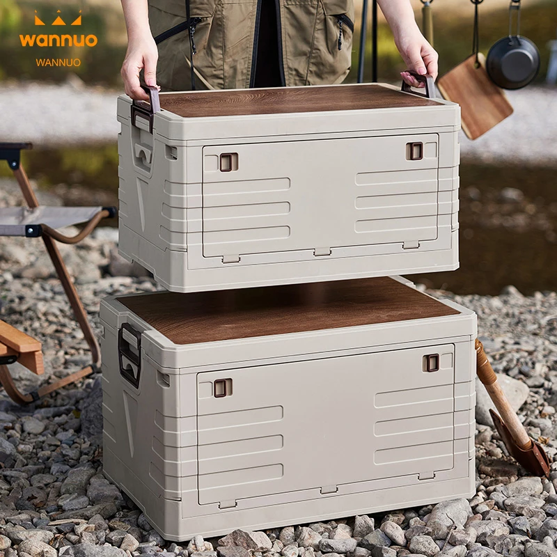 Wannuo Outdoor Folding Plastic Storage Bins & Boxes Collapsible Portable Plastic Storage Boxes with Wooden Board