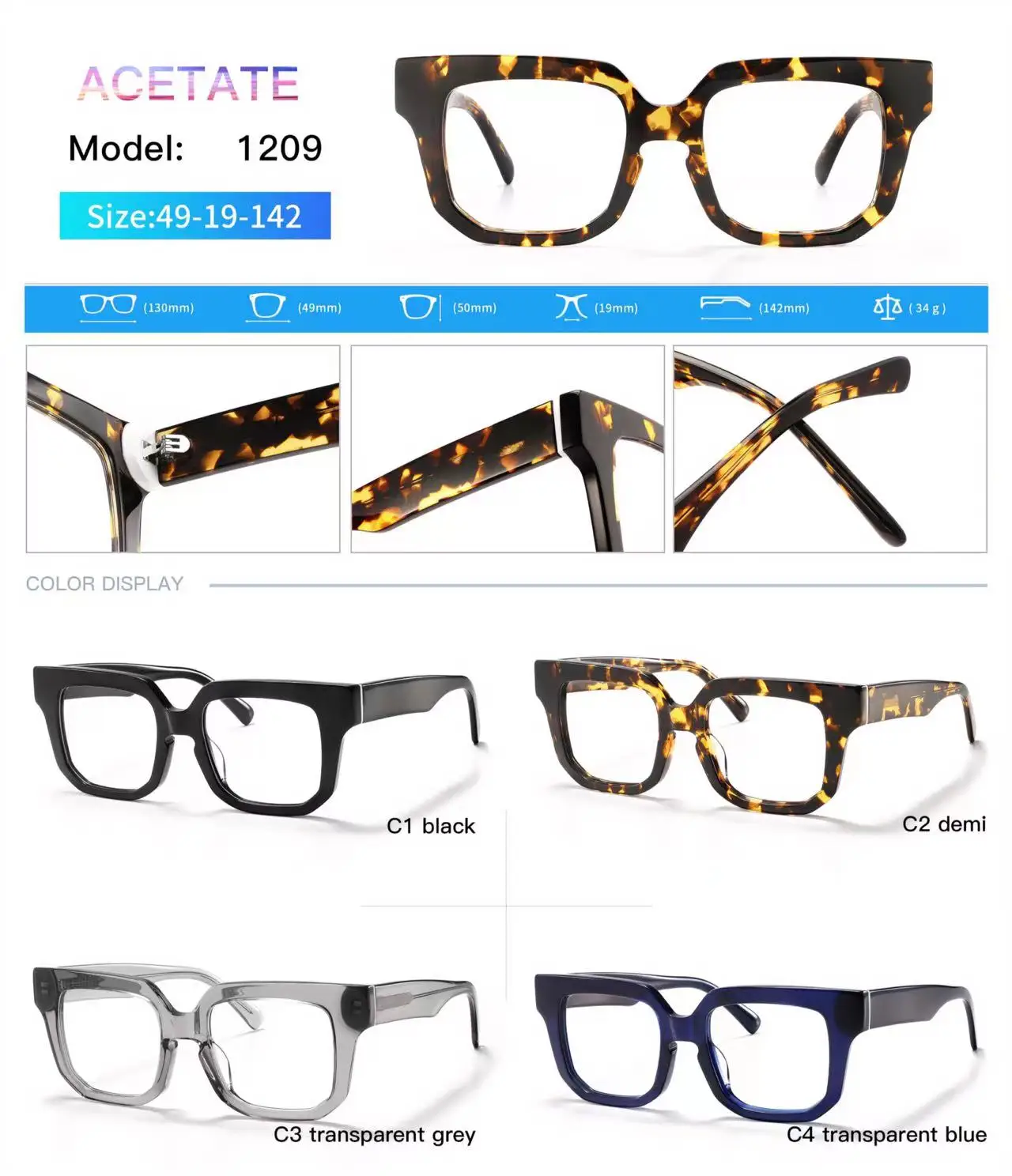 High End Acetate Optical Frame Eyeglasses Acetate Square Spectacles Men