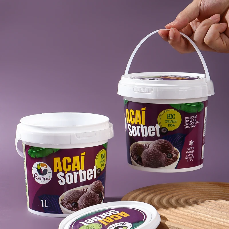 Tamper Proof Environmentally Friendly Factory Price Plastic 1L Bucket 1kg Ice Cream Container with Lid Handle